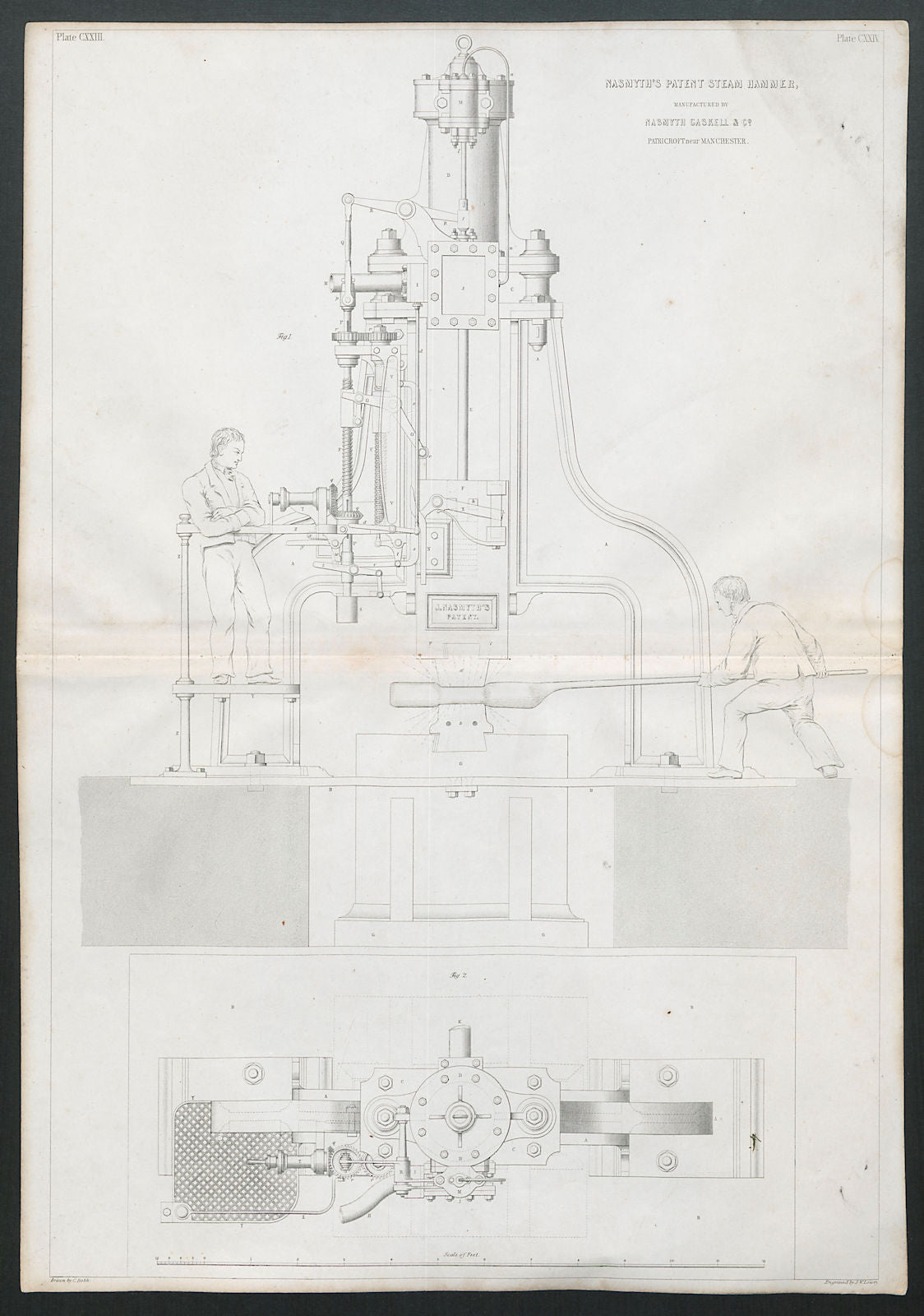 19C ENGINEERING DRAWING Patent steam hammer. Nasmyth Gaskell, Patricroft 1847